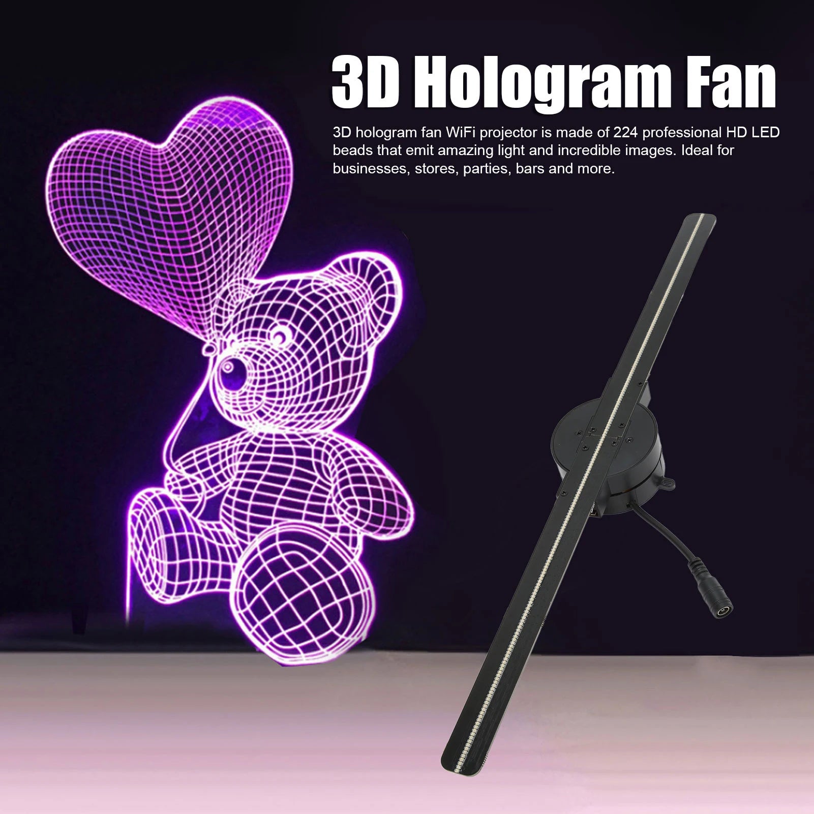 3D Hologram Fan Advertising Display 16.5″ – 224 LED 3D Video Projector, 1250RPM, Adjustable Angle